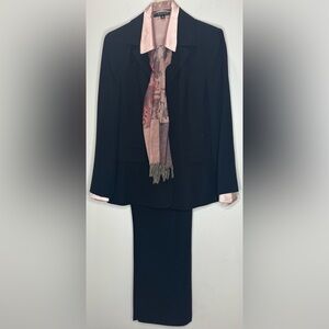 Kasper Black 3-Piece Suit with Rosy Pink Colored Blouse and Coordinating Scarf